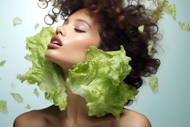 Donna africana dai capelli ricci e insalata nutriente