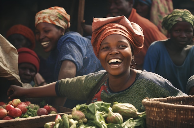 donna africana in un mercato di verdure nello stile di graflex velocità grafico gioioso capriccio