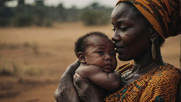 donna africana tiene un bambino e indossa un vestito tribale