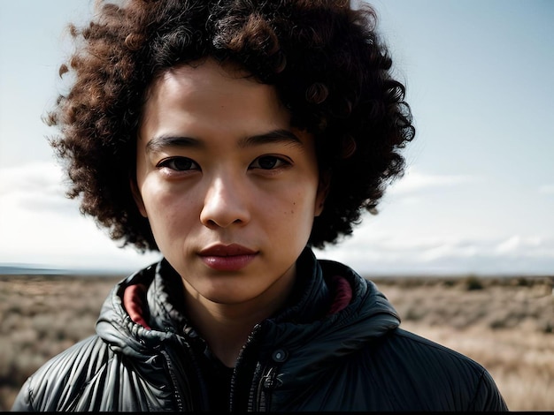 Donna afro asiatica che guarda l'obbiettivo indossando Parka nel deserto