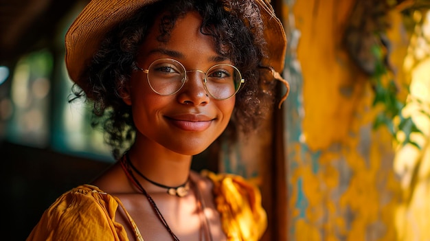 Donna afro con i capelli ricci che indossa un cappello di paglia e occhiali da prescrizione