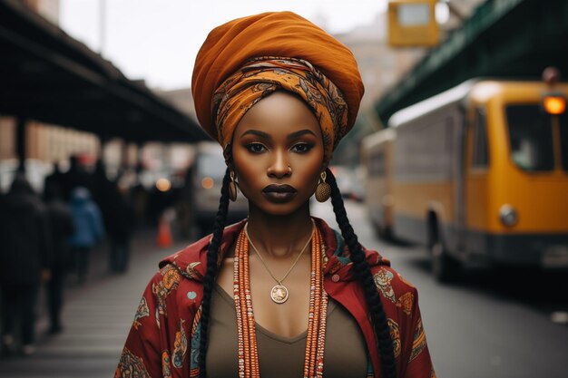 Donna afroamericana alla moda con i dreadlocks che indossa un turbante sulla testa e che rimane per strada