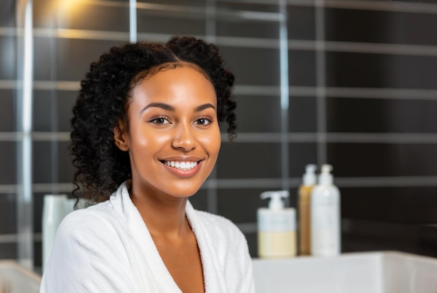 donna afroamericana che fa cura della pelle nel suo bagno bella pelle liscia che applica crema