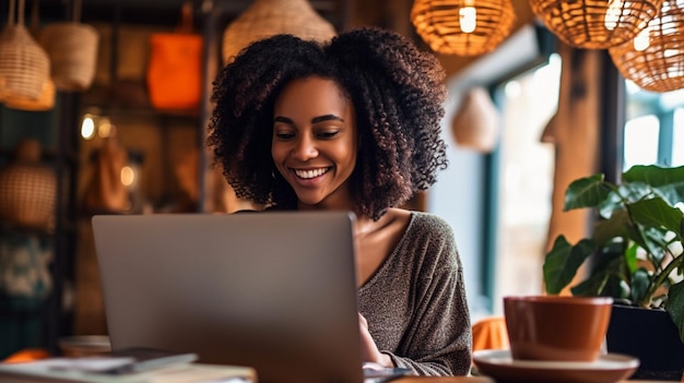 Donna afroamericana che fa shopping online mentre si trova in un cafexA