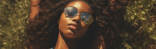 Donna afroamericana che indossa uno striscione con gli occhiali da sole