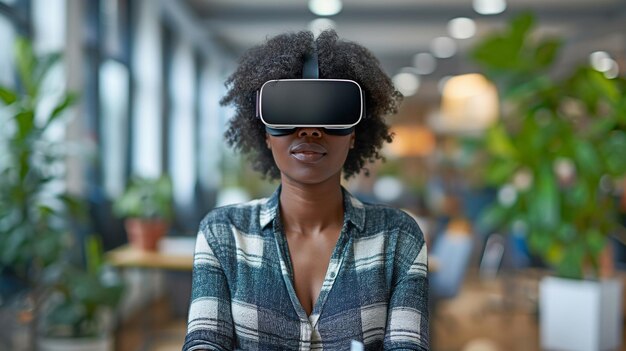 Donna afroamericana che lavora casualmente in ufficio utilizzando un tablet e un'interfaccia virtuale mentre indossa un auricolare VR