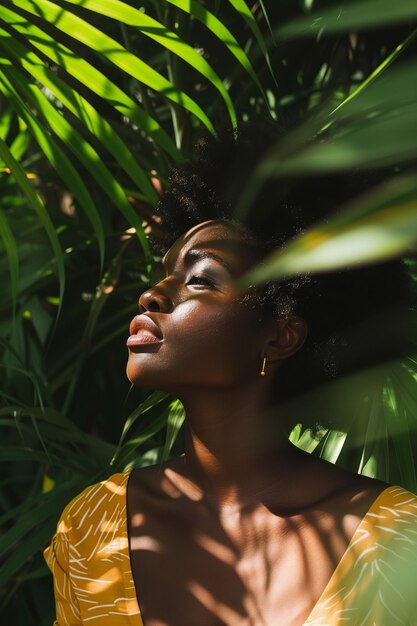 donna afroamericana che posa con foglie tropicali