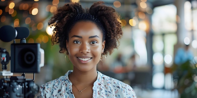 Donna afroamericana che registra contenuti sui social media coinvolgendo il pubblico sulla telecamera Fotografia di ritratto concettuale Influencer dei social media Rappresentazione afroamericana Creazione di contenuti