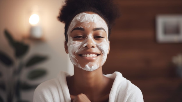 Donna afroamericana che si applica la crema sul viso in bagno e si abbandona a una routine di cura della pelle per un colorito sano generato dall'intelligenza artificiale