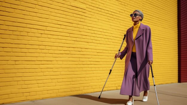 Donna afroamericana cieca di mezza età che indossa occhiali neri e un vestito viola molto elegante