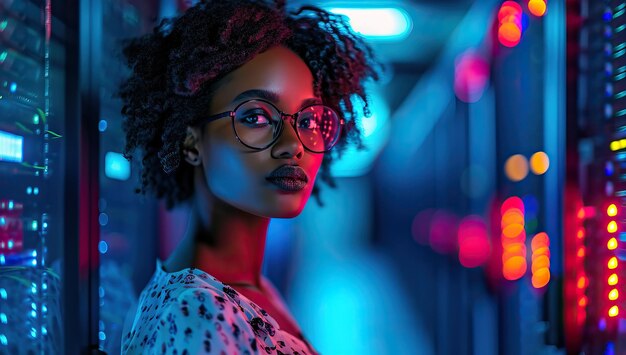 donna afroamericana con gli occhiali in piedi nel centro dati