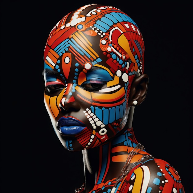 Donna afroamericana con l'arte con diversi colori sul viso Immagine bella illustrazione IA generativa