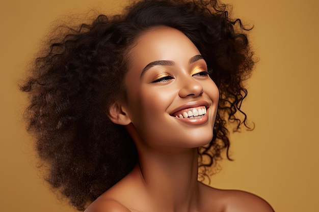 Donna afroamericana con pelle pulita e sana su sfondo beige Sorridente bella ragazza afro sognante Ai generativa