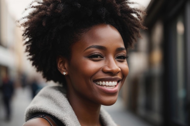 Donna afroamericana con un bel sorriso e denti bianchi perfetti Ritratto del primo piano