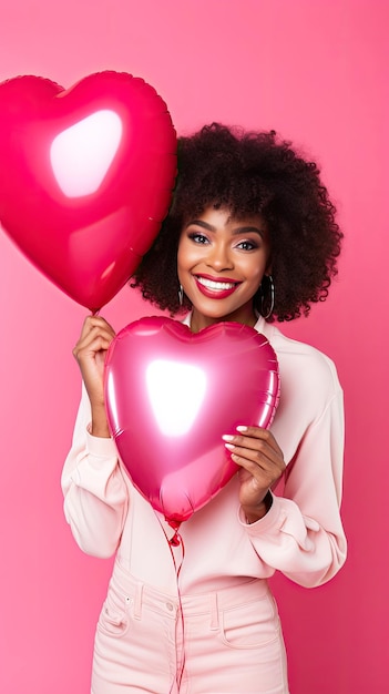 Donna afroamericana con una mongolfiera a forma di cuore su uno sfondo rosa di San Valentino