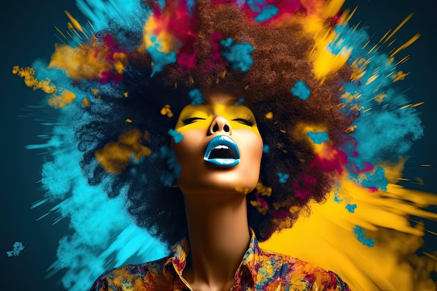 Donna afroamericana con voluminosi capelli afro in stile pop art con audaci contrasti cromatici di ciano scuro e giallo Perfetto per progetti di design grafico IA generativa
