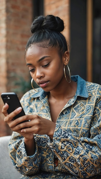 Donna afroamericana elegante donna con smartphone per strada