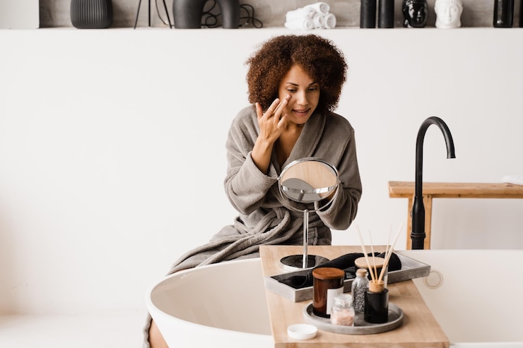 Foto donna afroamericana in accappatoio con crema idratante per il viso facendo routine di bellezza mattutina ragazza africana che applica crema idratante per il viso per proteggere la pelle dalla secchezza nella vasca da bagno