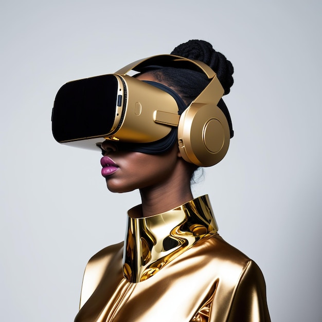 Donna afroamericana in giacca dorata e cuffia vr dorata creata utilizzando la tecnologia generativa ai