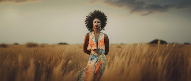 Donna afroamericana in piedi su un campo al tramonto IA generativa