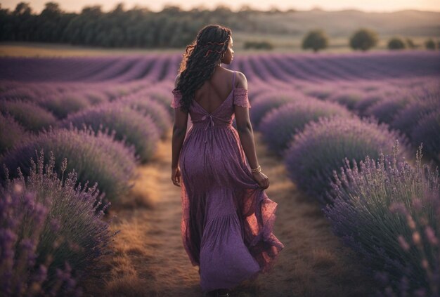 Donna afroamericana nel campo di lavanda