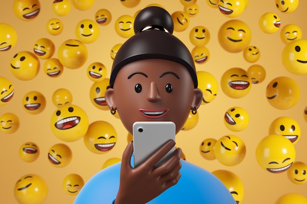 Donna afroamericana nera del fumetto in camicia blu utilizzando smartphone con caratteri emoji gialli che cadono sullo sfondo. illustrazione di rendering 3D.