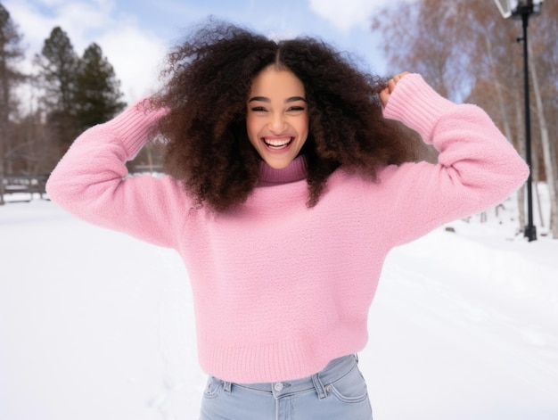 donna afroamericana si diverte la giornata nevosa d'inverno in una postura dinamica emozionale giocosa