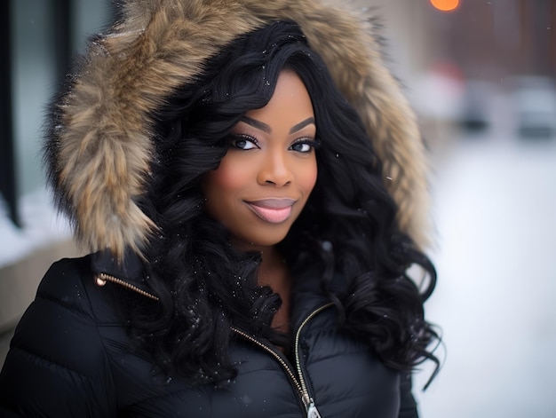 donna afroamericana si diverte la giornata nevosa d'inverno in una postura dinamica emozionale giocosa