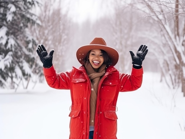 donna afroamericana si diverte la giornata nevosa d'inverno in una postura dinamica emozionale giocosa