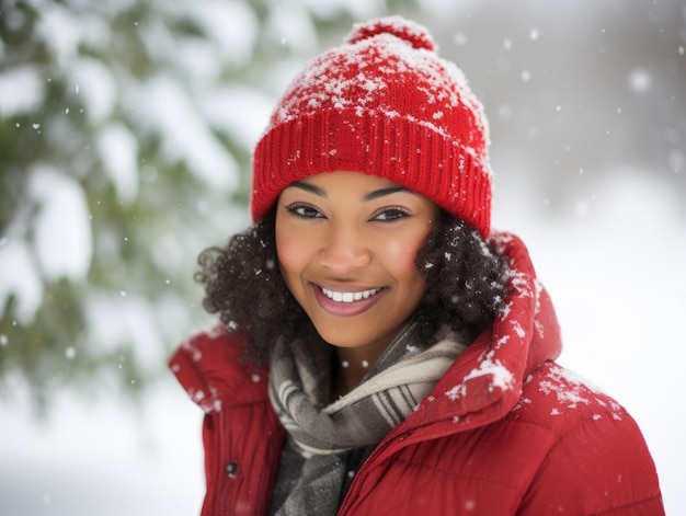 donna afroamericana si diverte la giornata nevosa d'inverno in una postura dinamica emozionale giocosa