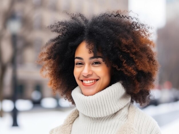 donna afroamericana si diverte la giornata nevosa d'inverno in una postura dinamica emozionale giocosa