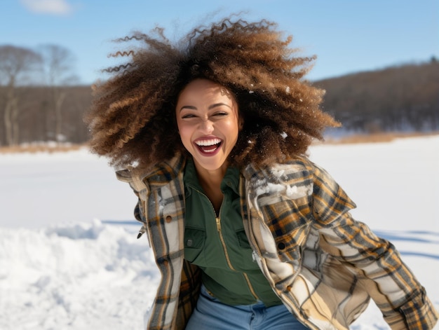 donna afroamericana si diverte la giornata nevosa d'inverno in una postura dinamica emozionale giocosa