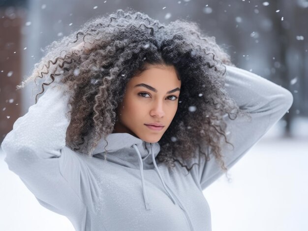 donna afroamericana si diverte la giornata nevosa d'inverno in una postura dinamica emozionale giocosa