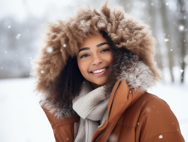 donna afroamericana si diverte la giornata nevosa d'inverno in una postura dinamica emozionale giocosa