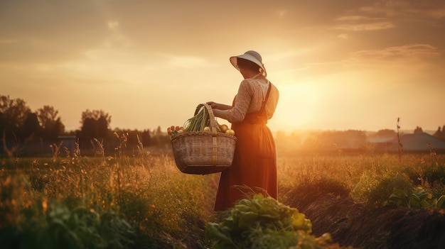 Donna al tramonto che raccoglie verdure dal suo giardino ai generativo