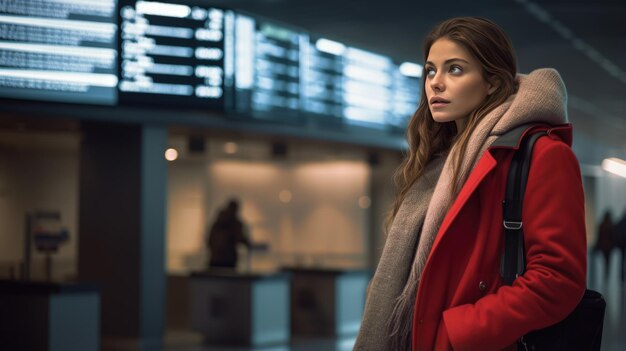 Donna all'aeroporto che guarda l'orario del volo