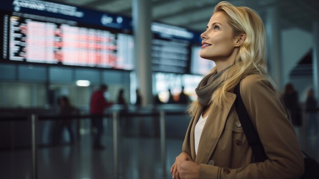 Donna all'aeroporto che guarda l'orario del volo