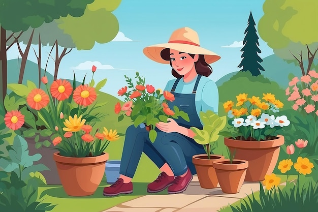 Donna all'aperto con fiori vettoriale signora giardiniera persona isolata con vasi e strumenti per la coltivazione di flora per la decorazione della casa persona isolata stile piatto