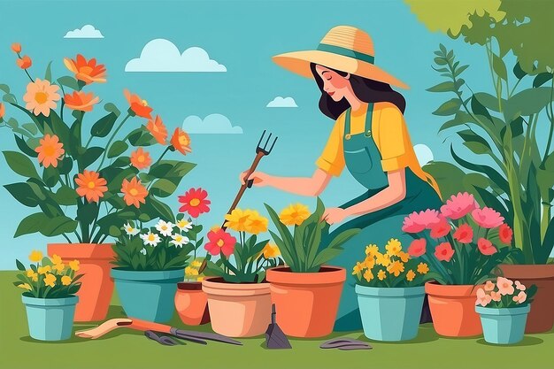 Donna all'aperto con fiori vettoriale signora giardiniera persona isolata con vasi e strumenti per la coltivazione di flora per la decorazione della casa persona isolata stile piatto