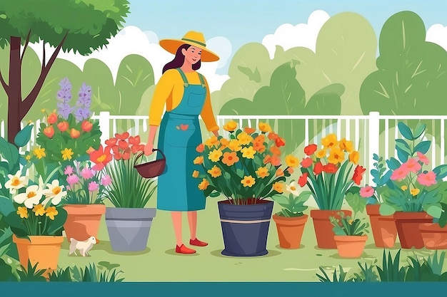 Donna all'aperto con fiori vettoriale signora giardiniera persona isolata con vasi e strumenti per la coltivazione di flora per la decorazione della casa persona isolata stile piatto