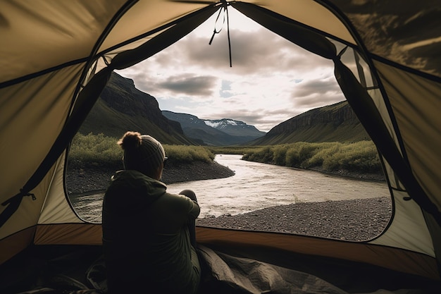 Donna all'interno di una tenda che si affaccia su un fiume e vista sulle montagne ai generativa