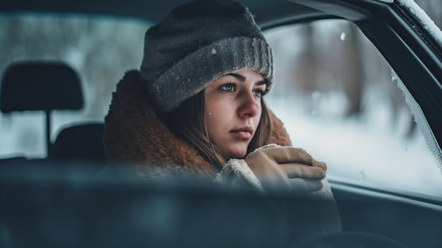 Donna alla guida di un veicolo sulla neve IA generativa