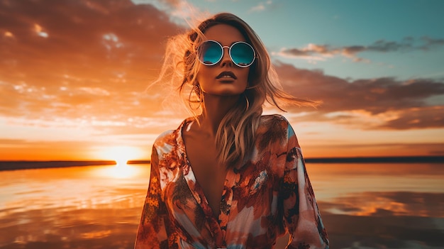 Donna alla moda con gli occhiali al tramonto