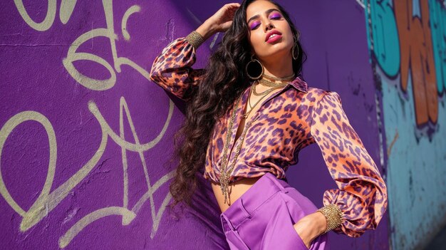 Donna alla moda con una maglietta a stampa di leopardo e pantaloni viola