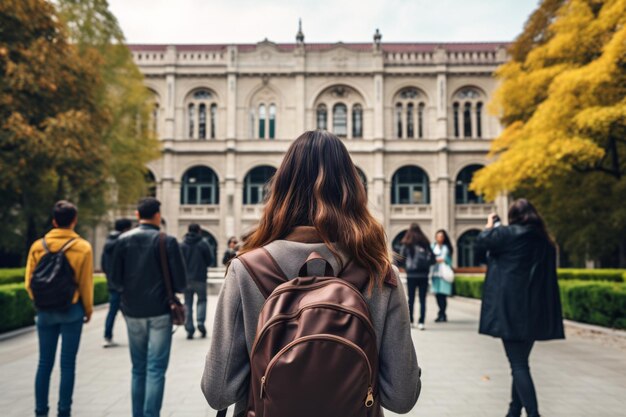 Donna alla moda con zaino che cammina davanti a un edificio Un capolavoro di intelligenza artificiale generativa