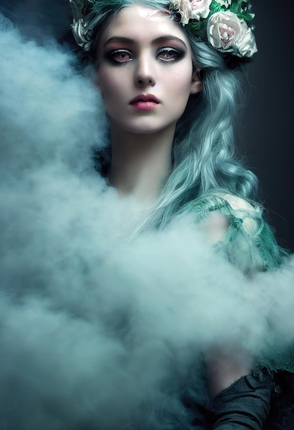 Donna alla moda di bellezza immaginaria fantasia con capelli verdi e occhi di bellezza