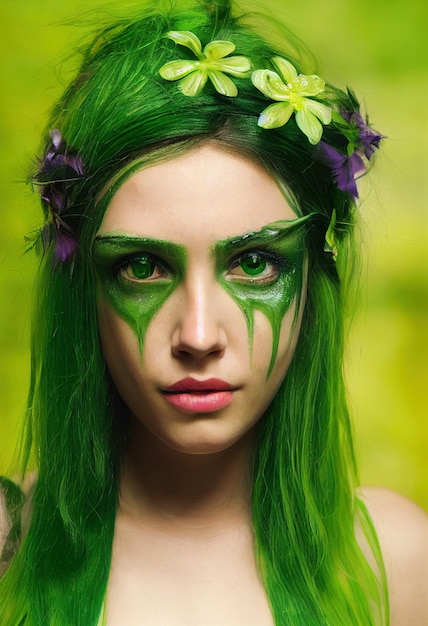 Donna alla moda di fantasia verde bellezza immaginaria con capelli verdi e occhi verdi