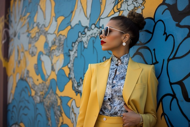 Donna alla moda di moda afroamericana in abbigliamento alla moda nei colori blu e giallo generativa ai