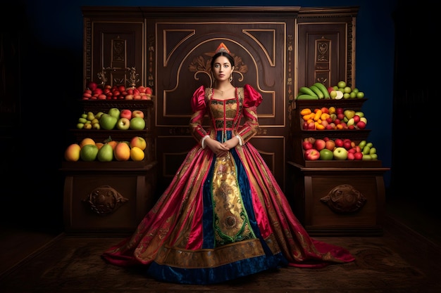Donna alla moda in abito in stile frutta generata dalla rete neurale AI