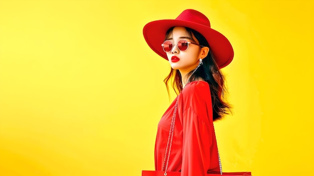 Donna alla moda in rosso che posa su uno sfondo giallo brillante Stile elegante con un tocco moderno Ideale per i concetti di moda contemporanei AI